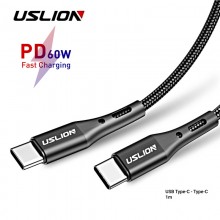 Кабель USB Type-C - USB Type-C (1m) 60W PD Fast Charging дата-провод быстрой зарядки передачи данных для телефона смартфона USLION US0123 Black