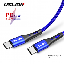 Кабель USB Type-C - USB Type-C (1m) 60W PD Fast Charging дата-провод быстрой зарядки передачи данных для телефона смартфона USLION US0123 Blue