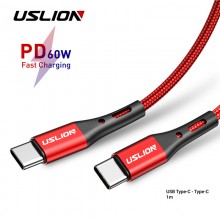 Кабель USB Type-C - USB Type-C (1m) 60W PD Fast Charging дата-провод быстрой зарядки передачи данных для телефона смартфона USLION US0123 Red
